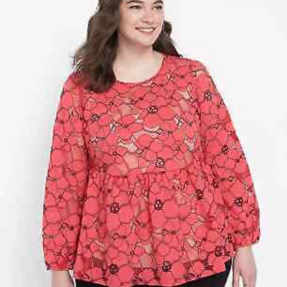 Lane Bryant Coral Colored Poppy Flower Lace Baby Doll Blouse Size 16 worn once!
